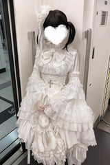 White [Eternal Taboo] Long Hime Sleeves Ruffled Bow Gothic Lolita Skirt Dress Set - Product - 2