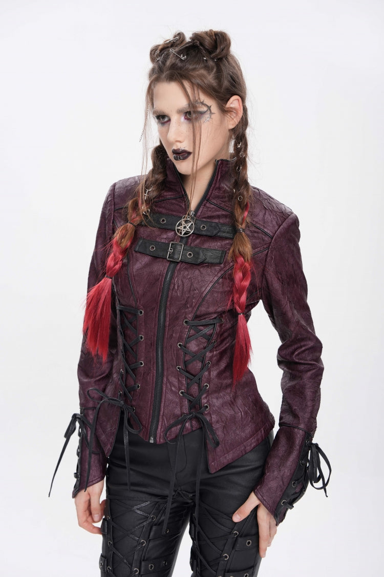 Red Pentacle Lace-Up Buckle Women's Punk Jacket - Product - 3