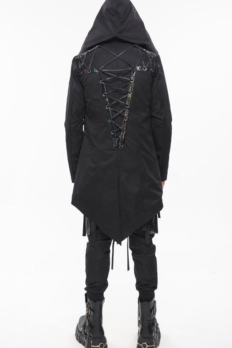 Black Punk Back Splicing Straps Design Windproof Fabric Daily Matching Hooded Casual Men's Coat - Product - 9