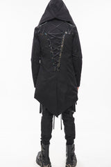 Black Punk Back Splicing Straps Design Windproof Fabric Daily Matching Hooded Casual Men's Coat - Product - 9