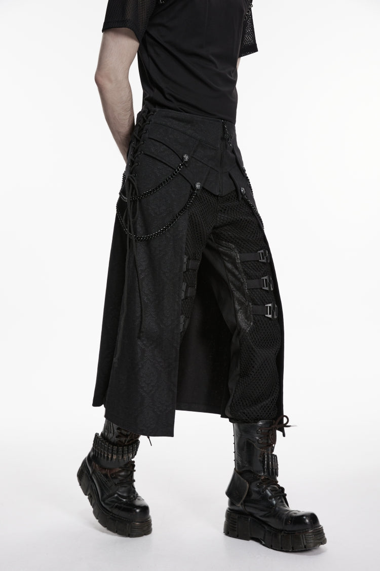 Black Printed Lace-Up Zippered Chain-Decorated Men's Punk Skirt - Product - 7
