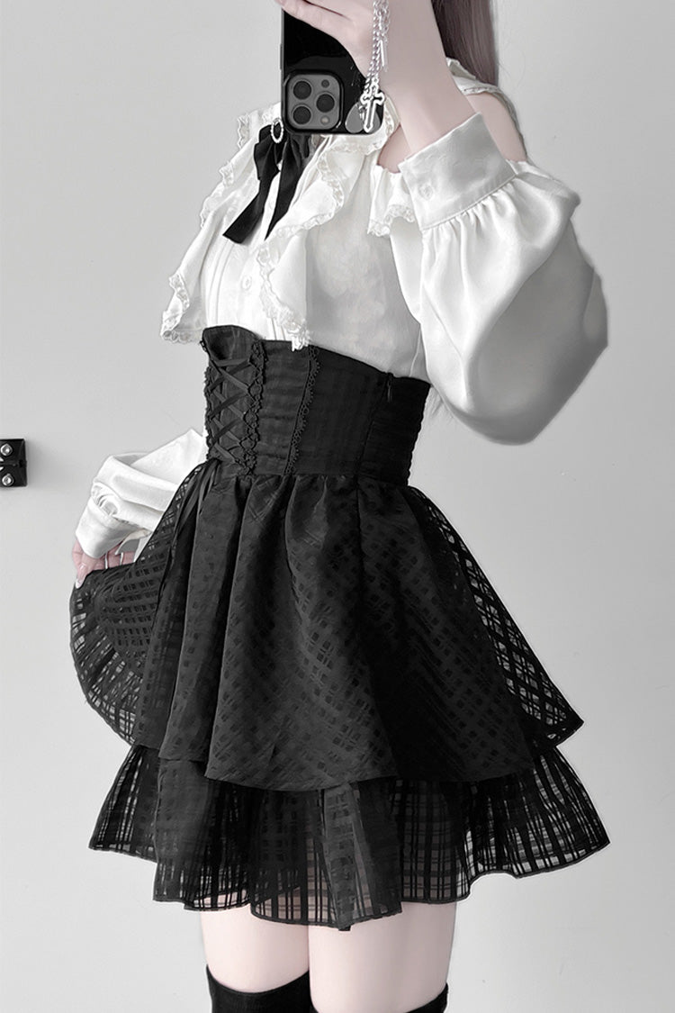 Black [Blackberry Rite] Lace Bowknot Lace-Up Jirai Kei Skirt - Product - 4