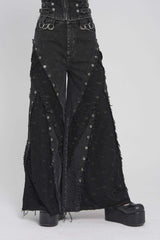 Black Cut-Out Spliced Mesh Eyelet Women's Punk Layered Ripped Pants - Product - 6