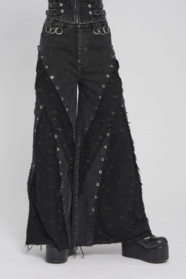 Black Cut-Out Spliced Mesh Eyelet Women's Punk Layered Ripped Pants - Product - 6