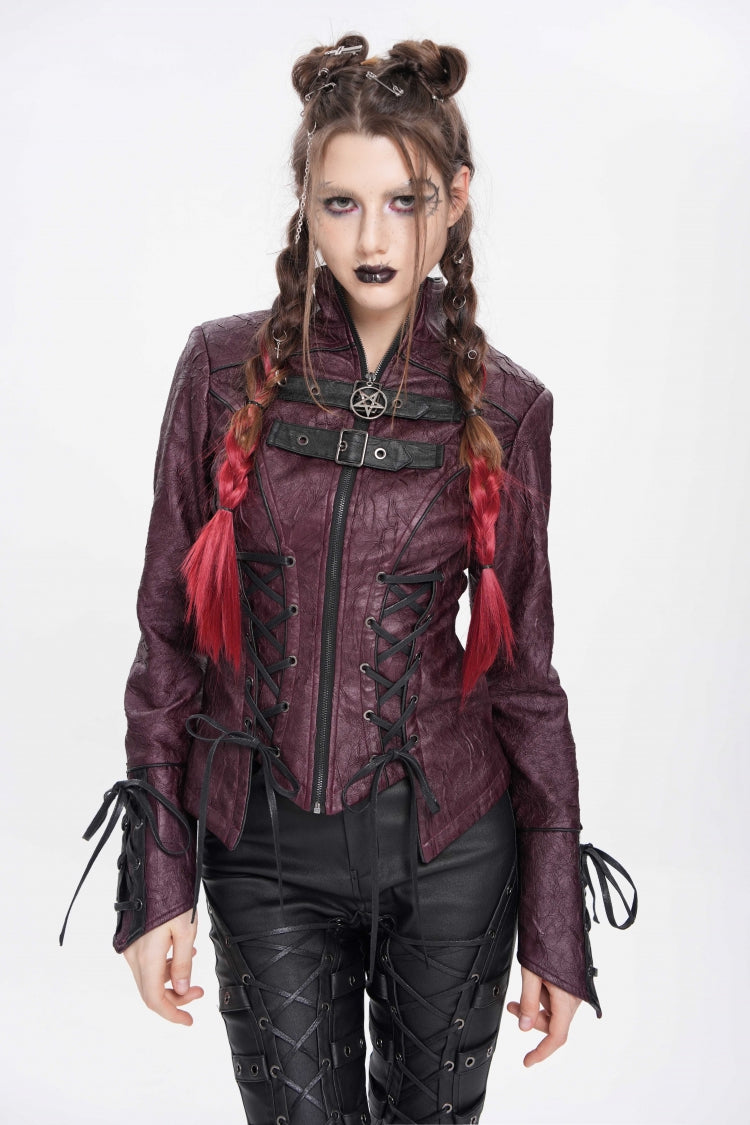 Red Pentacle Lace-Up Buckle Women's Punk Jacket - Red - 1