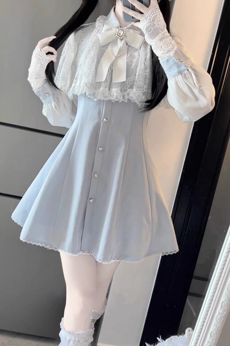 Aqua Shawl Lace Chiffon Long Sleeves Lace Slim Jirai Kei Dress - Product - 8