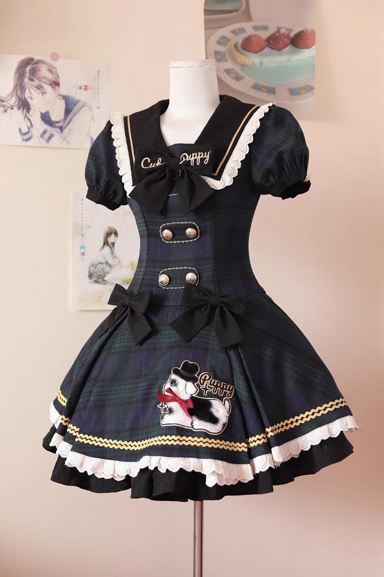 Dalmata blu maniche corte stampa volant fiocco slim dolce (solo abito) vista frontale