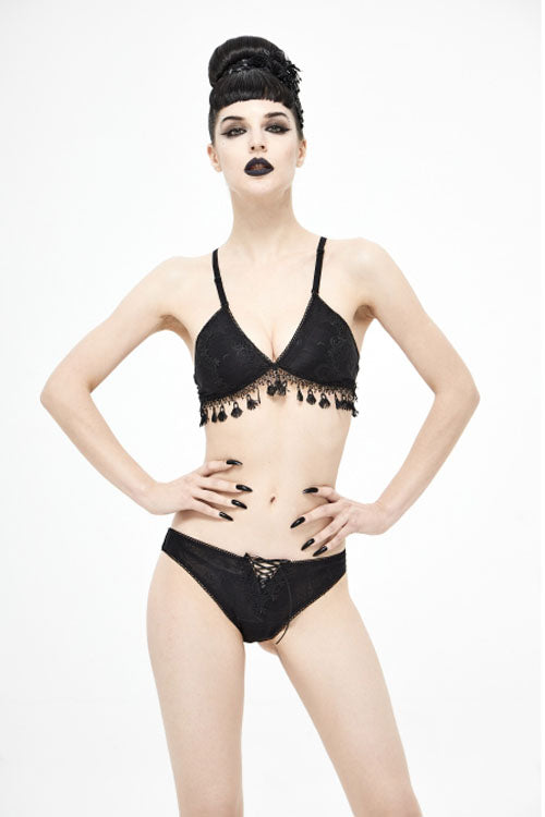 Black Dark Grain Jacquard Tassel Lace Up Gothic Swimsuit - Product - 2