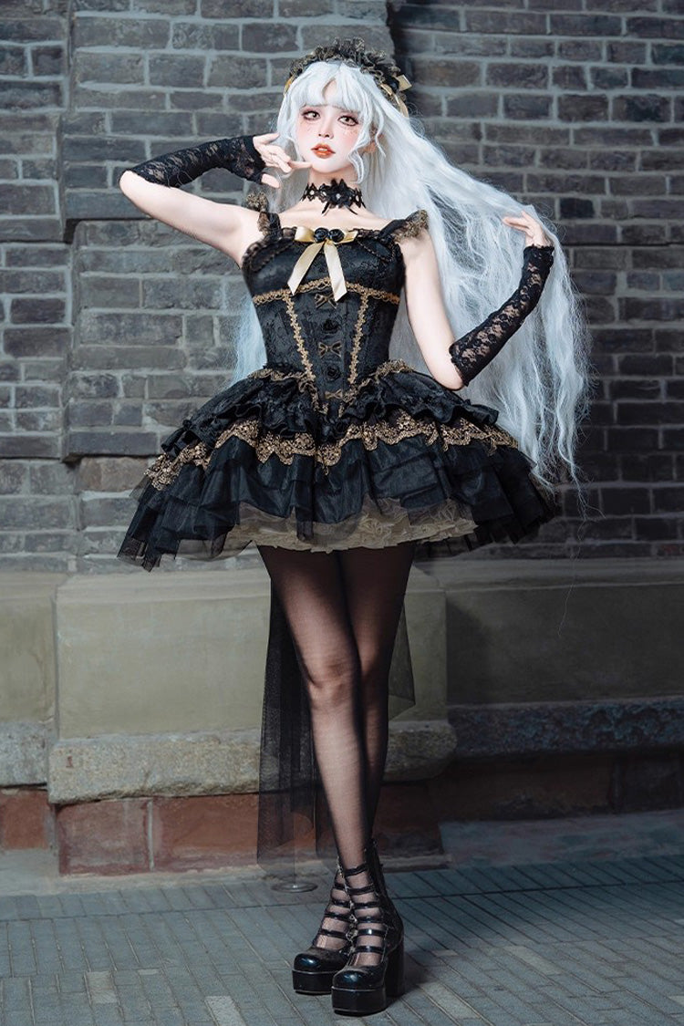 Black [Fleeting Light and Shallow Dream] Sleeveless Multi-Layered Ruffle Bowknot Lace Slim Gothic Ballet Lolita Jsk Dress - Product - 7