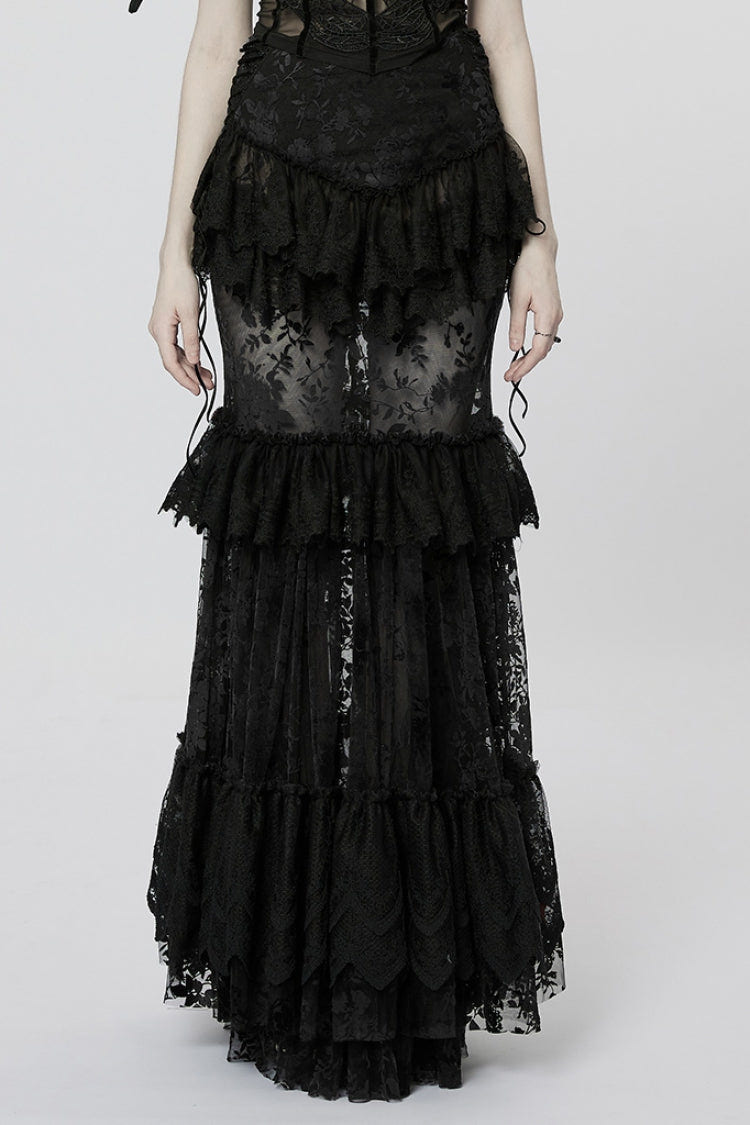 Black Multi-layer Print Ruffle Stitching Lace Sheer Women's Gothic Gorgeous Skirt - Black - 1