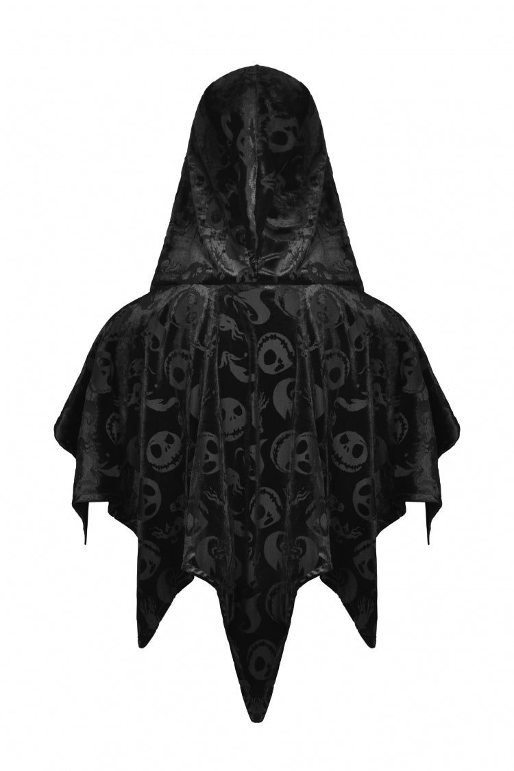 Black Skull Printed Front Lace-Up Women's Gothic Velvet Cape with Hood - Product - 18