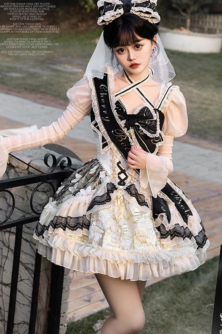Black/Gold [Lilibet] Print Ruffle Cardigan Bowknot Lace Fishbone Sweet Lolita Dress - Product - 4