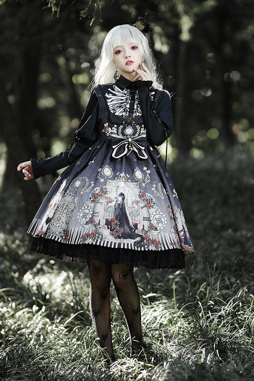 Lapel Collar Long Sleeve Black Fairy Tale Print Gothic Lolita JSK Dress - Black - 4