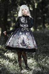 Lapel Collar Long Sleeve Black Fairy Tale Print Gothic Lolita JSK Dress - Black - 4