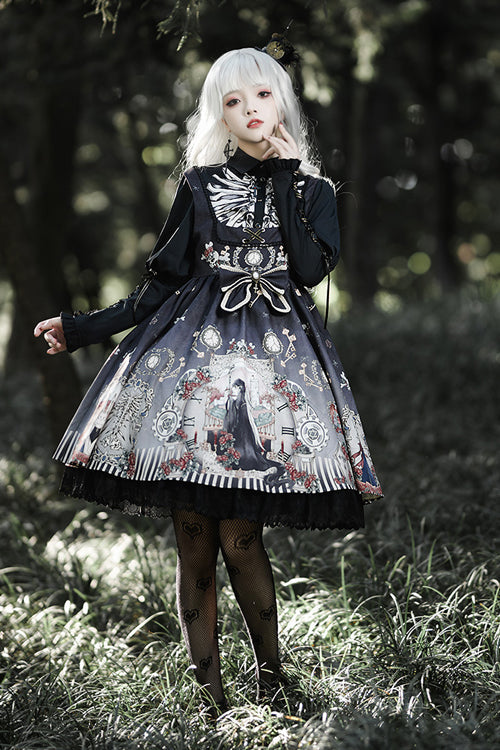 Lapel Collar Long Sleeve Black Fairy Tale Print Gothic Lolita JSK Dress - Black - 4