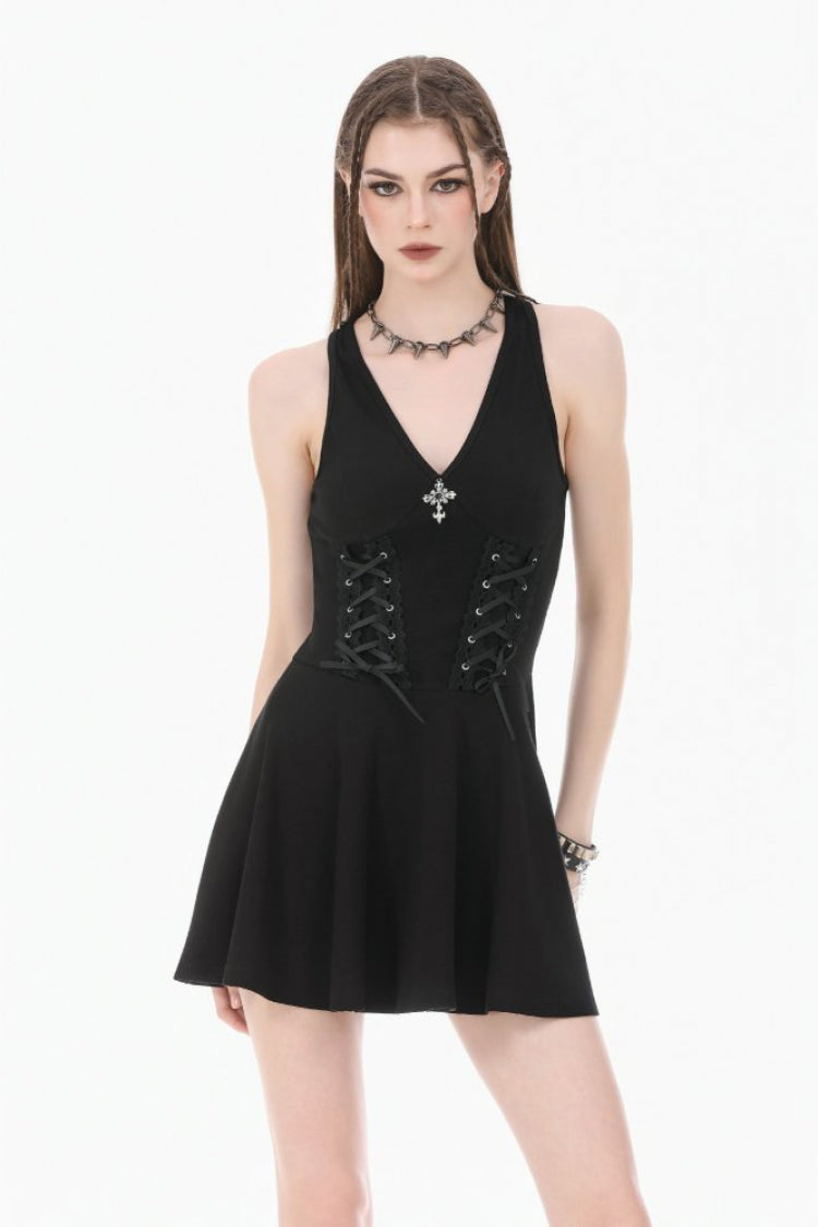 Black Cross Plunging Sleeveless Side Corset Lace-Up Women's Gothic Short Dress - Product - 6