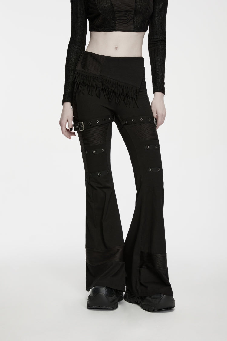 Black Slim Fit Asymmetric Eyelet Women's Punk Cool Flared Pants - Product - 5
