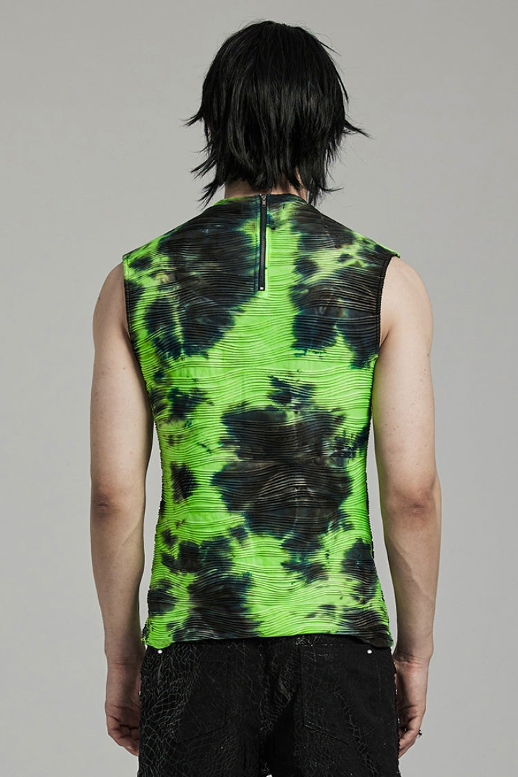 Black/Green Stand Collar Sleeveless Tie-dyed Men's Punk Vest - Product - 3