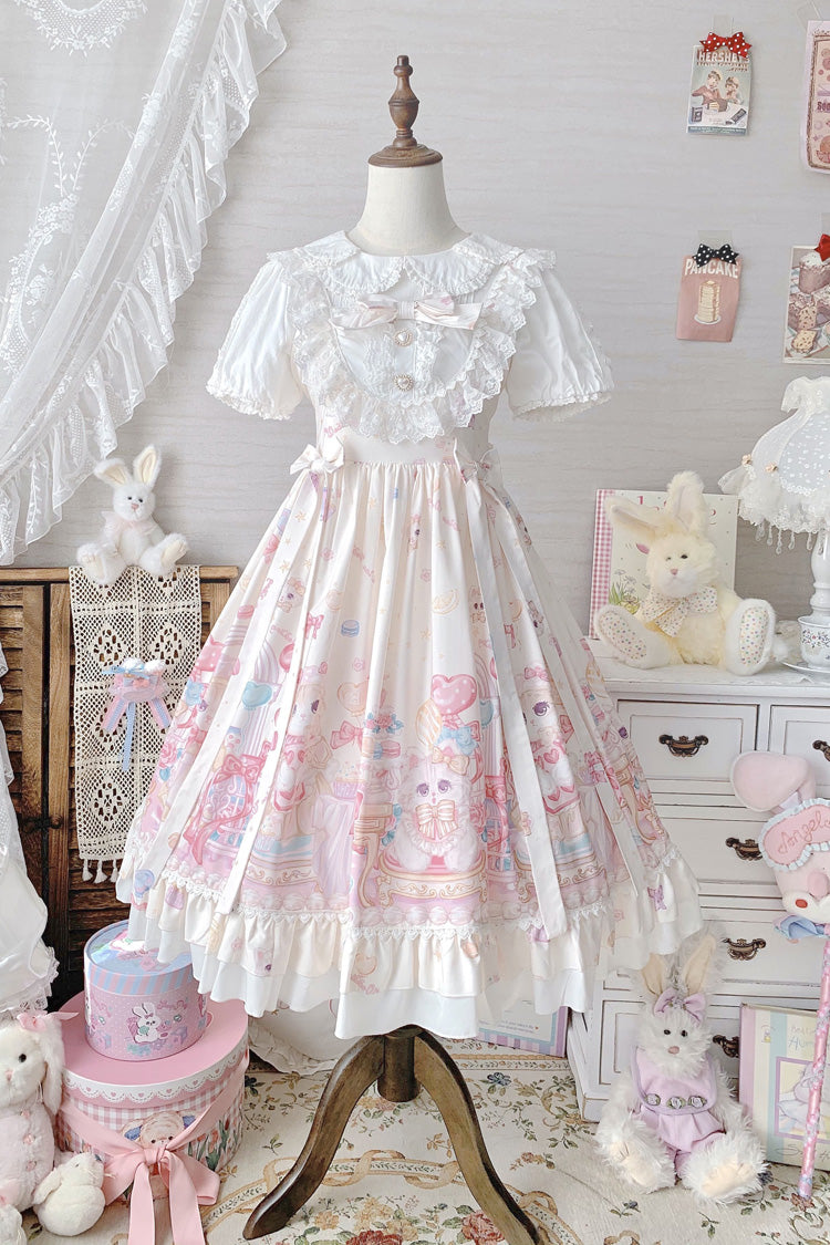 Ivory Cute Cat Print High Waisted Ruffle Bowknot Sweet Princess Lolita JSK Dress - Product - 3