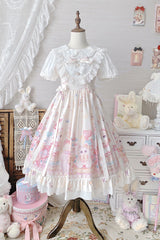 Ivory Cute Cat Print High Waisted Ruffle Bowknot Sweet Princess Lolita JSK Dress - Product - 3