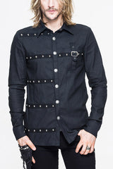Black Cotton Long Sleeves Mens Punk Blouse - Black - 1