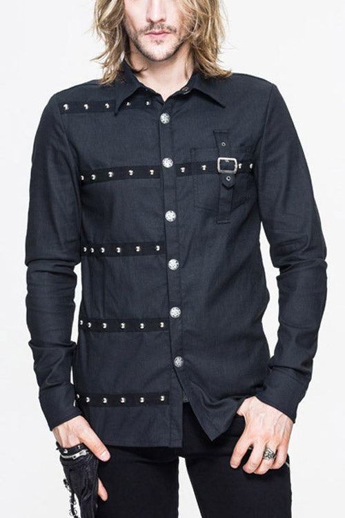 Black Cotton Long Sleeves Mens Punk Blouse - Black - 1