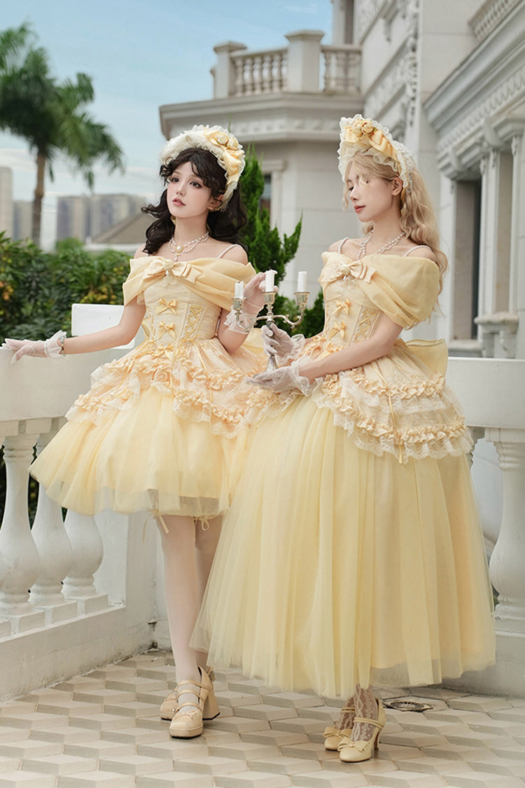 Yellow [Sissi's Pilgrimage] Off Shoulder Ruffle Bowknot Lace Sweet Lolita Skirt (Short Version) - Product - 12