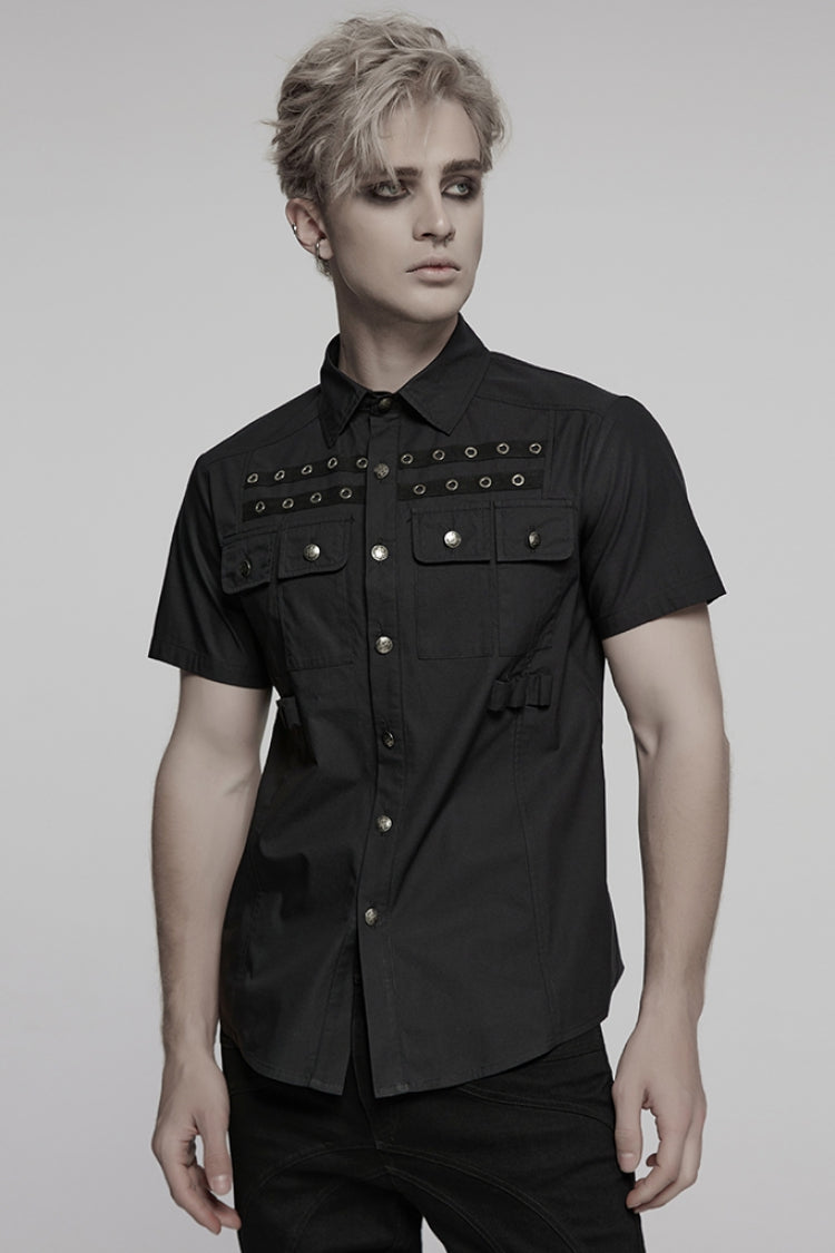 Black Lapel Collar Short Sleeves Men's Pocket Eyelet Punk Blouse - Product - 2