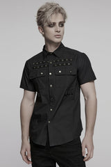 Black Lapel Collar Short Sleeves Men's Pocket Eyelet Punk Blouse - Product - 2
