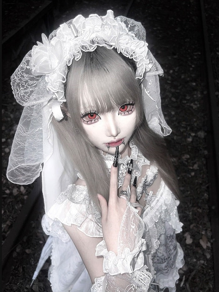Gothic White Candle Print Waistless Lolita JSK Dress with Lace Details + Choker + Candle Embroidered Brooch Set - view 17