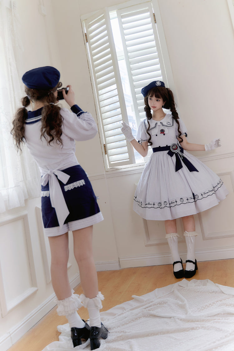 White Navy Stripe Print Short Sleeves Ruffle Embroidery Sweet Lolita Dress - Product - 9