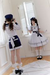 White Navy Stripe Print Short Sleeves Ruffle Embroidery Sweet Lolita Dress - Product - 9