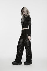 Black Stand Collar Long Sleeves Patchwork Slim Fit Zippered Women's Punk Cool Crop Top with Arm Zip Pocket - Product - 3