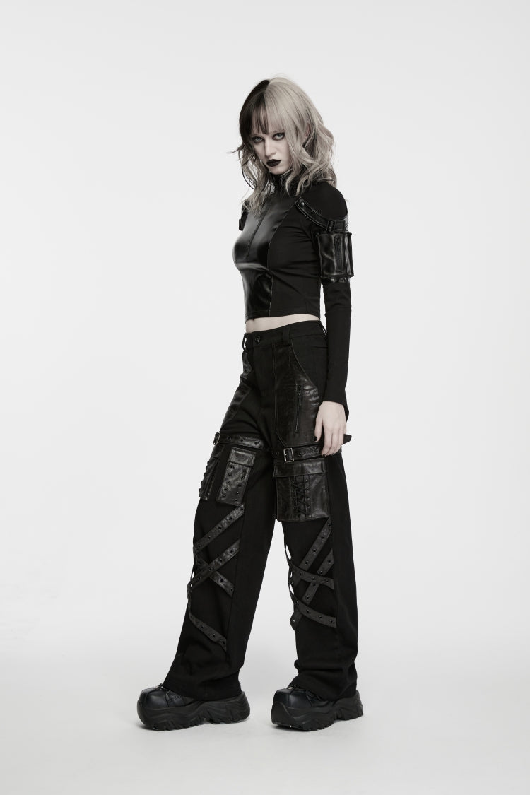 Black Stand Collar Long Sleeves Patchwork Slim Fit Zippered Women's Punk Cool Crop Top with Arm Zip Pocket - Product - 3