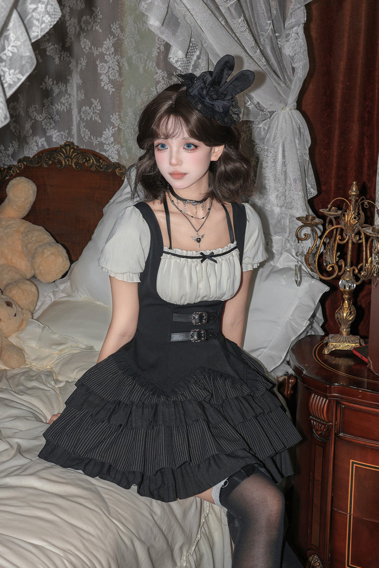 [Silent Summer] Square Collar Halterneck Short Sleeves Multi-Layered Printed Ruffled Classic Cool Lolita Dress Set (Black/Blue 2 Colors) - Product - 14