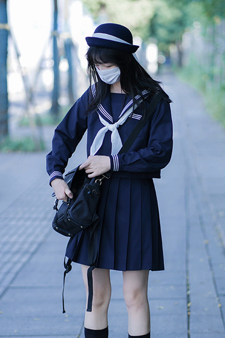 Dark Blue Navy Collar Sweet College Style Japanese School Skirt - Product - 5