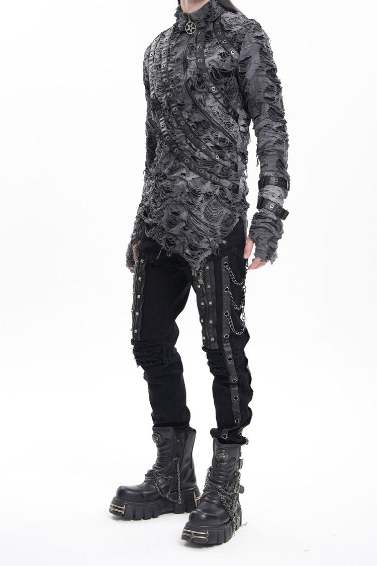 Black Stitching Eyelets Chains Studs Men's Gothic Pants - Product - 7