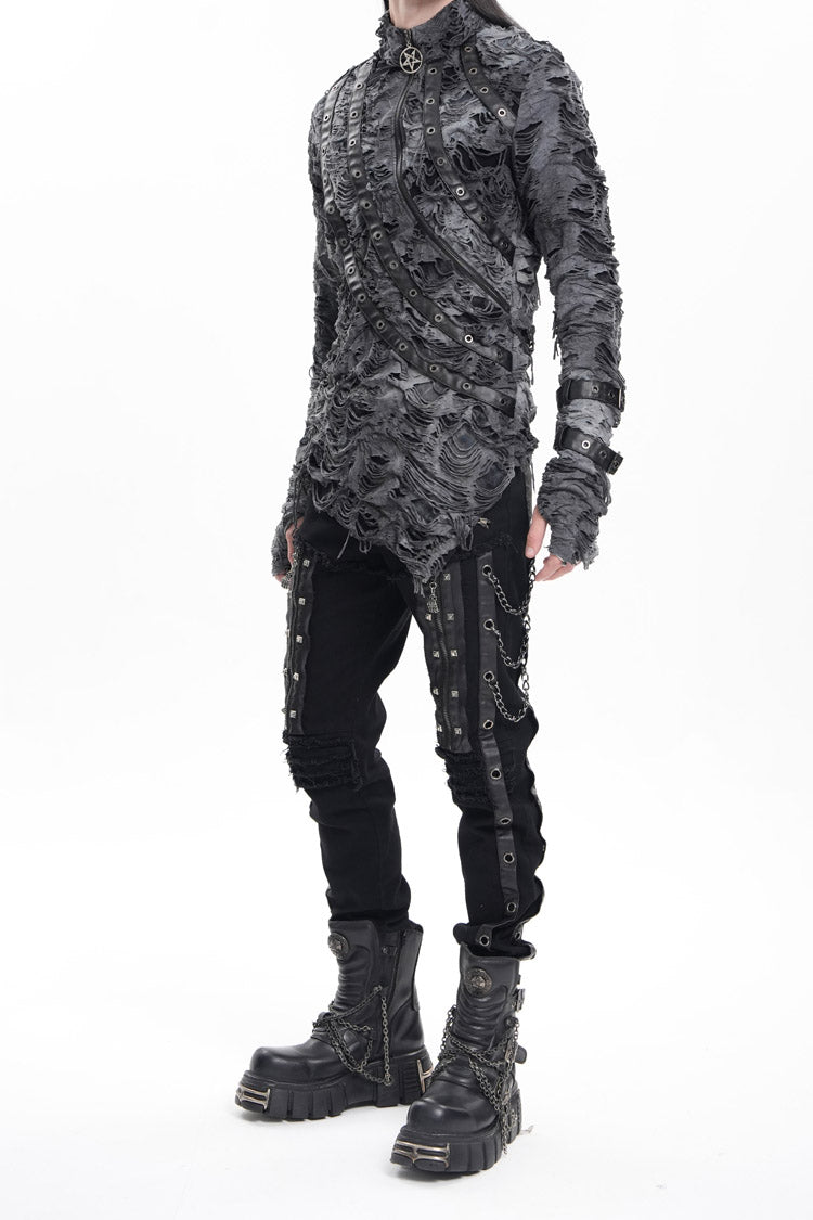 Black Stitching Eyelets Chains Studs Men's Gothic Pants - Product - 7