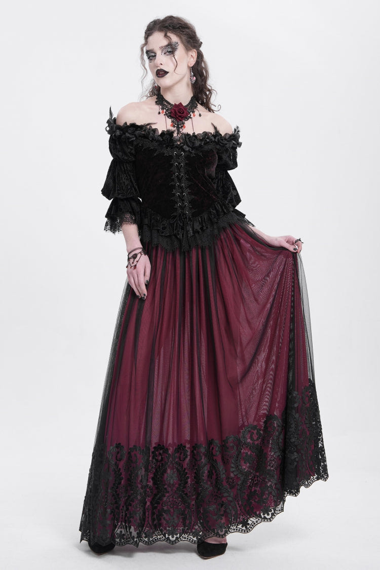Red Stitching Floral Mesh Women's Gothic Skirt - Product - 7