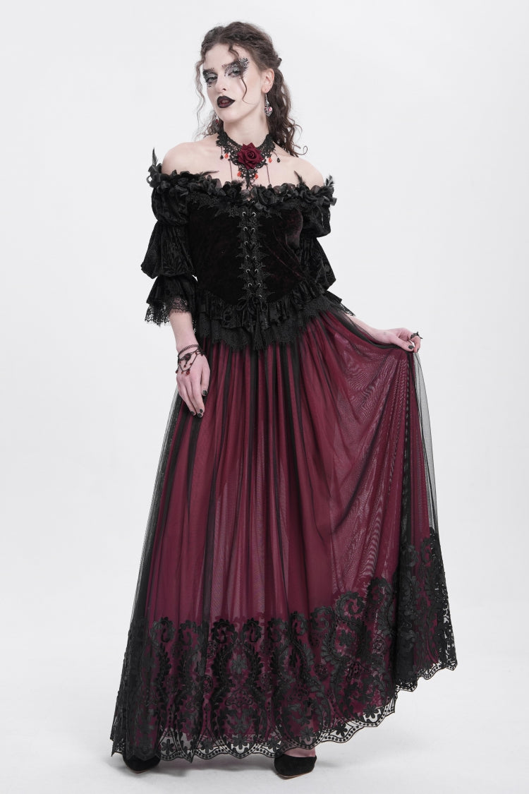 Red Stitching Floral Mesh Women's Gothic Skirt - Product - 7