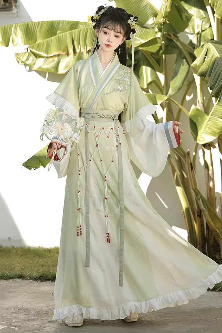 [Lily of the Valley] Long Sleeves Wei-Jin Style Ombre Printed Ruffled Embroidered Chinese Style Classic Hanfu Dress Set 3 Colors - Product - 7