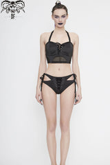 Black Lace-Up Waist Mesh Women's Punk Swimsuit Top - Product - 5