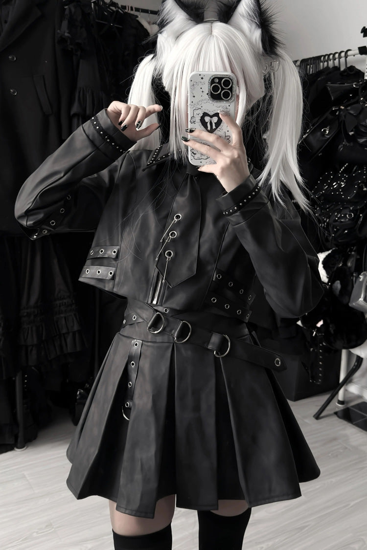 Black [Eternal Night of Bones] Lapel Collar Long Sleeves Studded Eyelet Gothic Jirai Kei Japanese Handsome Top and Skirt Set - Product - 7