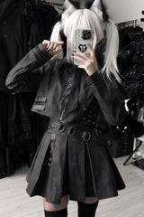 Black [Eternal Night of Bones] Lapel Collar Long Sleeves Studded Eyelet Gothic Jirai Kei Japanese Handsome Top and Skirt Set - Product - 7