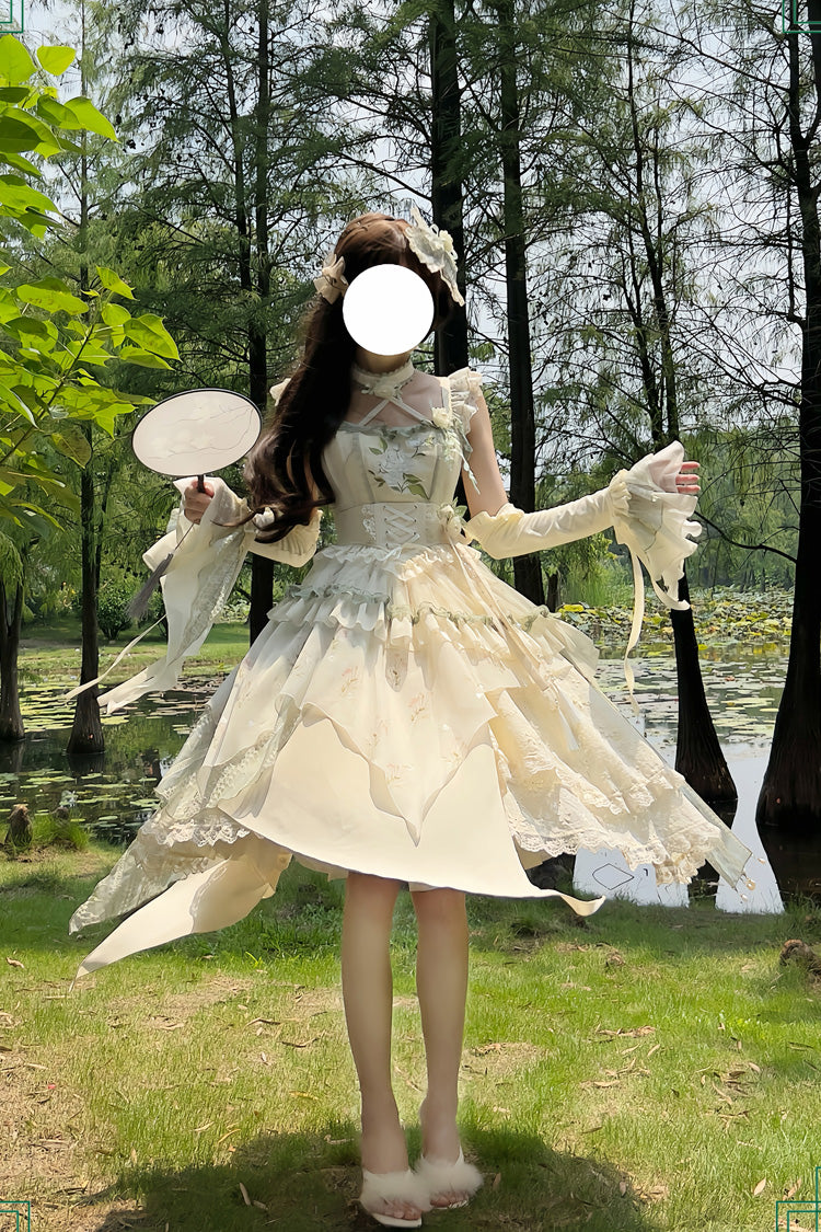 Apricot Print Ruffle Embroidery Bowknot Lace Sweet Chinese Style Lolita Jsk Dress Full Set - Product - 6