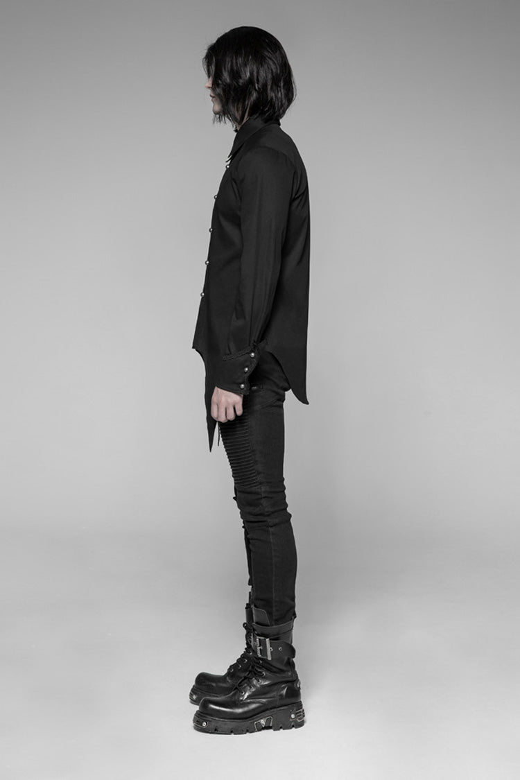 Black Long Sleeve Front Metal Pattern Buckle Sharp Corner Hem Men's Gothic Shirt - Product - 2