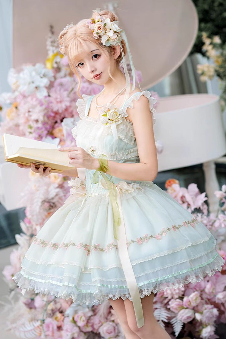 [Mist Champagne] Multi-Layered Ruffle Bowknot Lace Sweet Elegant Ballet Lolita Jsk Dress 3 Colors - Green - 9