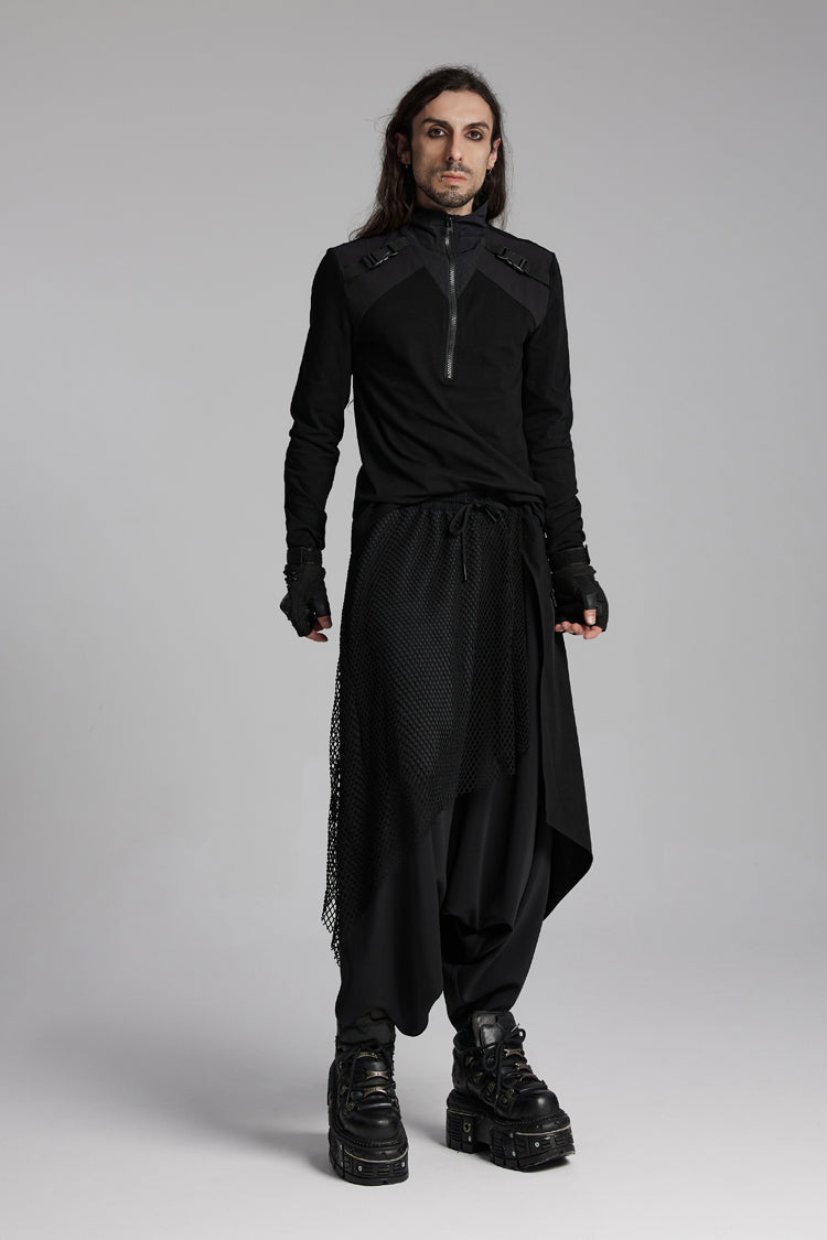 Black Stand Collar Long Sleeves Techwear Bucket-up Zip Men's Punk T-Shirt - Product - 4