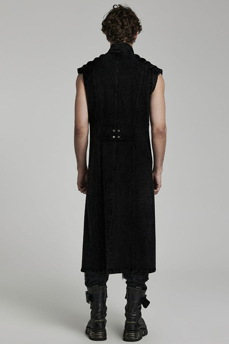 Black Stand Collar High Waisted Slim Men's Gothic Long Vest - Product - 4