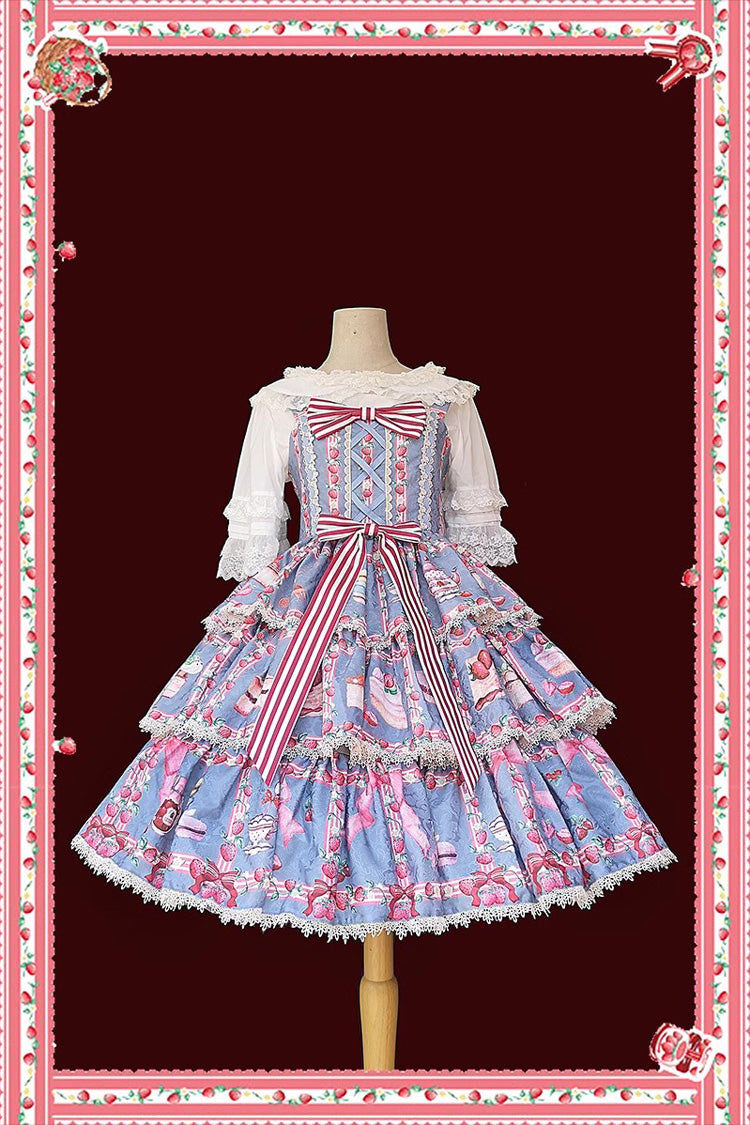 Strawberry Afternoon Tea Cake Ice Cream Print Bowknot Sleeveless Sweet Lolita Tiered Dress 3 Colors - Light Blue - 3